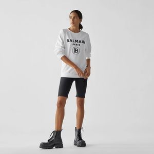 Balmain White Black Flocked Logo Sweatshirt - S